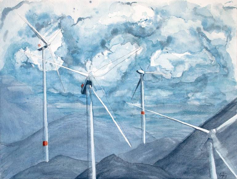 Windmill On The store Water. Original Watercolor Painting on Cotton Paper.