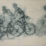 technique of performance-etching, dry needle, impression on paper, made by cycling, which contributed to the realization of the idea on paper!