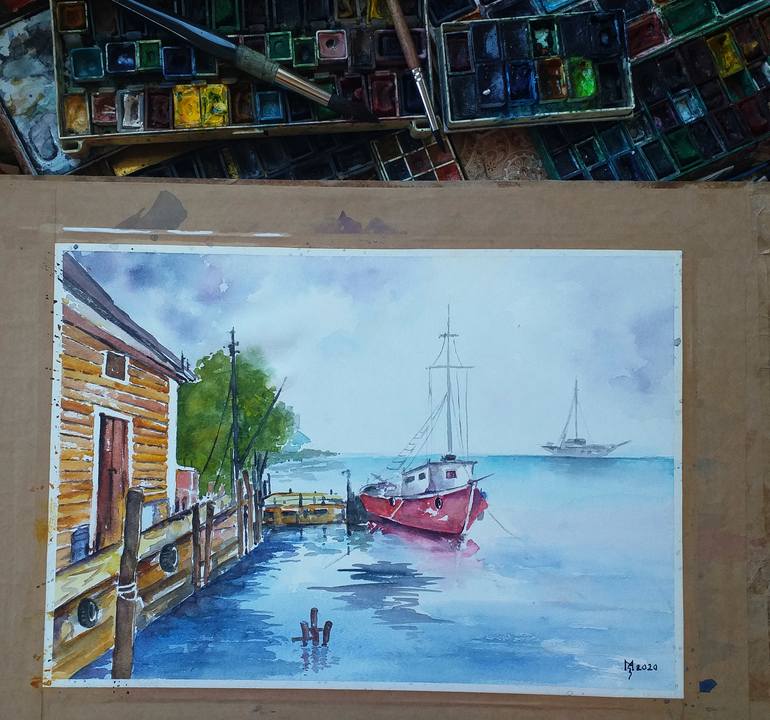 Original Impressionism Boat Painting by Zoran Mihajlovic