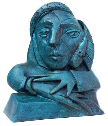 FACE MASK SCULPTURE BRONZE WOMAN AT THE WINDOW AFTER PICASSO LIMITED EDITION thumb
