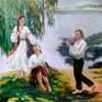 The two girls charmingly listen to the melody that the young guy plays on the pipe. Who will he choose? Each girl hopes that it will be she.
An important role in the picture is played by nature, which acts as the highest beauty and harmony. The composition of the painting is based on archetypal characters of the Ukrainian culture: the river, willow, and pipe. The symbols are ambivalent and reflect both light and dark sides of life, joy and sorrow at the same time.