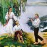 The two girls charmingly listen to the melody that the young guy plays on the pipe. Who will he choose? Each girl hopes that it will be she.
An important role in the picture is played by nature, which acts as the highest beauty and harmony. The composition of the painting is based on archetypal characters of the Ukrainian culture: the river, willow, and pipe. The symbols are ambivalent and reflect both light and dark sides of life, joy and sorrow at the same time.