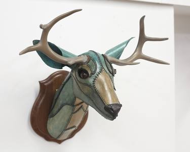 Handstitched Deer Head, Bronze in Blue thumb