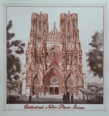 Reims Catedral, Original watercolor architectural drawing thumb