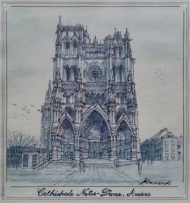 Amiens Catedral, Original watercolor architectural drawing thumb