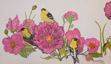 Finches And Flowers-Middle Panel thumb