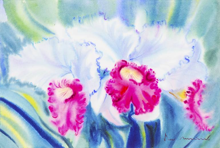Original Floral Painting by Tanom Kongchan | Impressionism Art on Paper | White and pink orchid flower