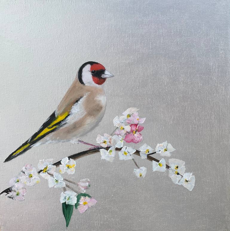 Goldfinch And Cherry Blossom on Silver Painting by Laure Bury Saatchi Art