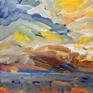 This painting depicts Kamchatka Peninsula during sunset as seen from the Bering Sea.