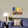 This painting depicts Kamchatka Peninsula during sunset as seen from the Bering Sea.