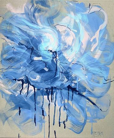 Blue Flower 4 - bright blue abstract floral painting on canvas thumb