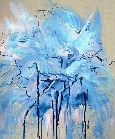 Blue Flower 5 - bright blue abstract floral painting on canvas thumb
