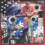'I kneel with you' focuses on racism in the USA, It looks on some important moments in the USA's history and the amazing people who stood for change. It is collage on canvas and is also created with ink and acrylic paint. It is a statement piece which reflects the colours of the nations flag and includes items from a devastating history.
I would like the viewer to look deeper into the piece to discover the more subtle words and moments to reflect on.