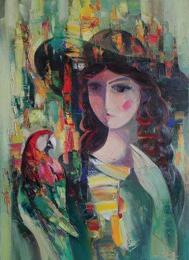 Hayk Miqayelyan/Girl with parrot (50x70cm, oil/canvas, abstract portrait) thumb