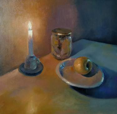 Kamsar Ohanyan/Still life-candle and apple (42x43cm, oil painting, ready to hang) thumb