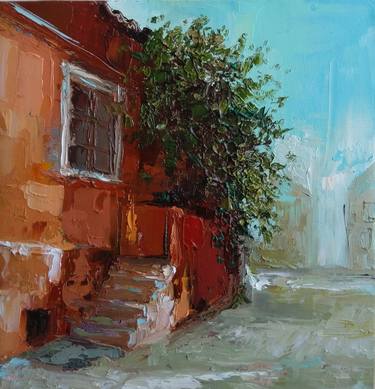 Kamsar Ohanyan/Red house (25x26cm, oil painting, impressionistic, ready to hang) thumb