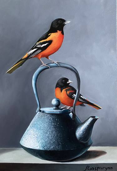 Ara Gasparian/Still life with birds and kettle (24x35cm, oil painting, ready to hang) thumb