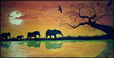 Fine art, Sunset painting, African elephants, elephant home decor, elephant painting, African dream art, Safari Painting, animal art thumb