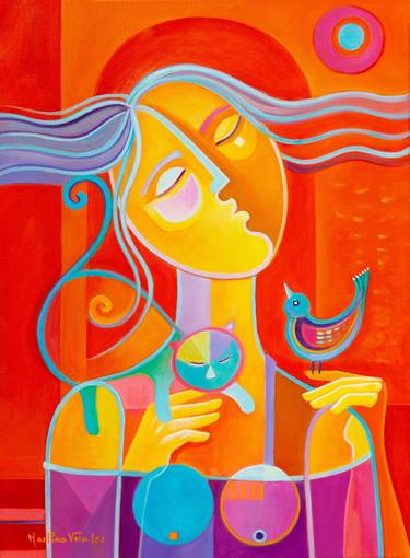 Woman with Cat and Bird original painting thumb