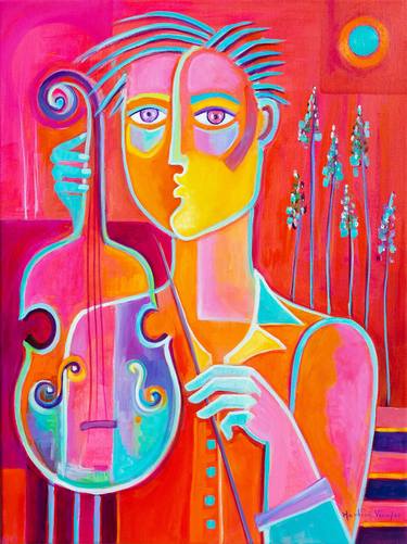 Man With a Violin Original oil painting on canvas by Marlina Vera thumb