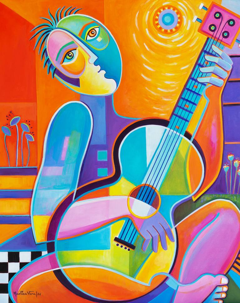 Musical Instruments Guitar Canvas Wall Art – Stretched Print, Gray Tones, Ready To Hang