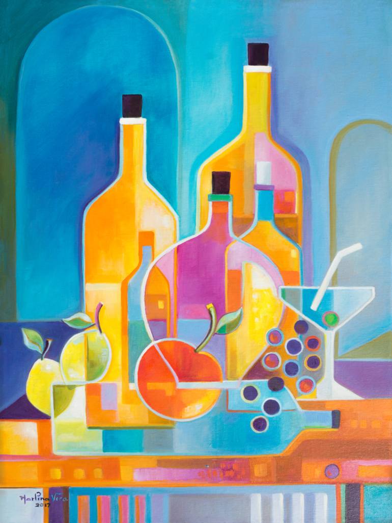 Wine And Martini Oil Painting On Canvas Marlina Vera Fine Art Gallery Abstract Artwork Fauvism Painting By Marlina Vera Saatchi Art