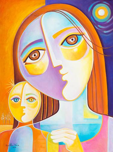 Mother and Child Original Oil Painting Cubism Modern Art Marlina Vera Artwork Cubist Abstract thumb