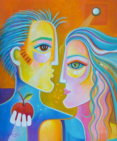 Adam and his Apple Oil Painting Marlina Vera Art Figurative artwork Lovers Couple in love thumb
