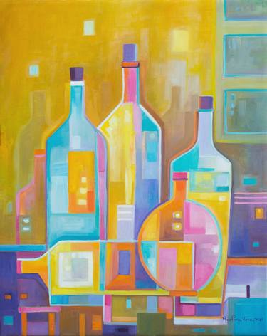 Cubism Wine Original oil painting on canvas Modernism Wine Bottles thumb