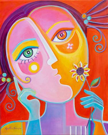 Girl With Flower Original Cubism painting Marlina Vera thumb