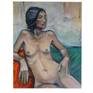 This etude of sitting nude female figure was painted from life session. The pose and colours are expressive, the approach is quick and spontaneous. The work was implemented on canvas paper mounted on white cardboard with the extra space to achieve the 'breathing' effect.