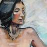 This etude of sitting nude female figure was painted from life session. The pose and colours are expressive, the approach is quick and spontaneous. The work was implemented on canvas paper mounted on white cardboard with the extra space to achieve the 'breathing' effect.