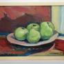 An expressive fresh still life with green pears. The composition is minimalist, the colours are bright and plain. Small painting for pleasure.