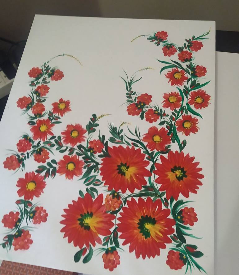 Original Folk Floral Painting by Helen Polishuk