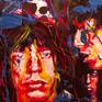 This painting of the Rolling Stones is entitled "Paint it Black", a combination of realism and abstract, the black paint swirls in the background, dominating in the auras surrounding the rock figures, and penetrating into the faces.. a conceptual piece rendered in fine detail, it portrays the artiness of the Stones and the '60's era!