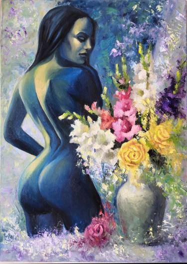 Nude woman and vase of flowers thumb
