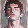 This painting is based on the male beauty, a youg man is smoking and staring to the viewer.