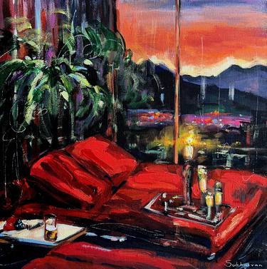 Interior with Red Couch,Candles and Champagne.Los Angeles City thumb