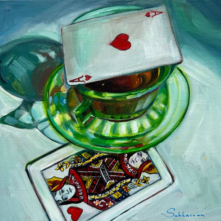 Original Still Life Painting by Victoria Sukhasyan | Impressionism Art on Corrugated Cardboard | Still Life with Tea and Queen of Hearts
