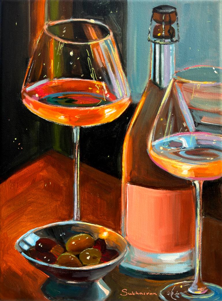 Original Food  Drink Painting by Victoria Sukhasyan  Impressionism Art on Canvas  Wine Time
