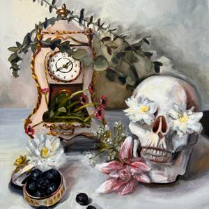 Vanitas with the Clock, Skull and Flowers