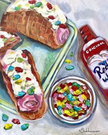 Sweet mood original acrylic painting on wood panel 8x10 inches. Signed by the artist Victoria Sukhasyan. Still life. Colorful thumb