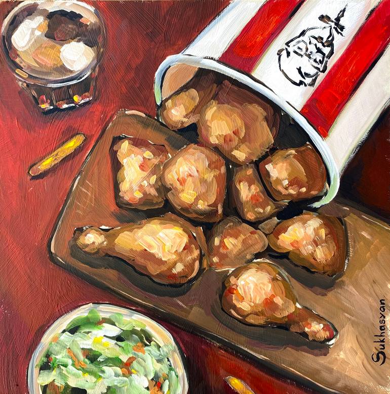 KFC original acrylic painting on wood panel 10x10 inches. Signed