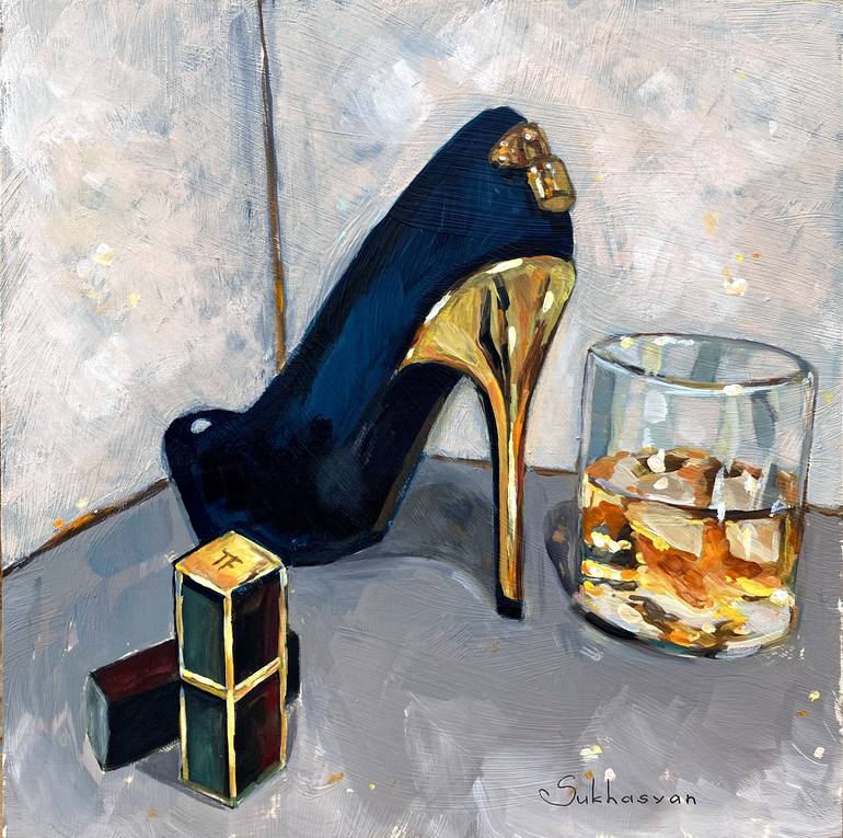 Still life with Tom Ford lipstick, Louis Vuitton heels and whiskey