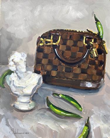 Still life with Louis Vuitton bag, jalapeño peppers and mini statue. Original acrylic painting on wood panel 8x10 inches. Fashion. thumb