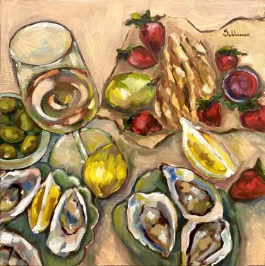 Still life with wine, oysters, strawberries and lemons. Original oil painting on wood panel 14x14 inches (35x35 cm). Contemporary art. thumb