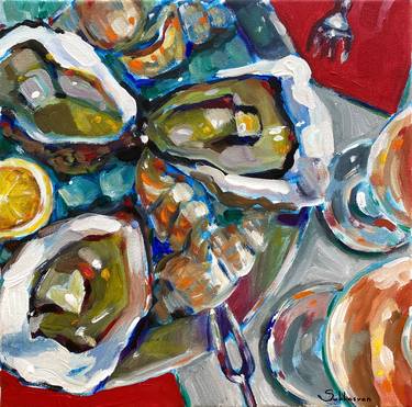 Still Life with Wine, Oysters and Shells. Original acrylic painting on canvas 10x10 inches. Signed by the artist Victoria Sukhasyan. thumb