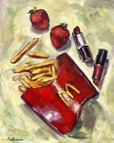 Still life with McDonalds French Fries, Mac lipsticks and Strawberries thumb