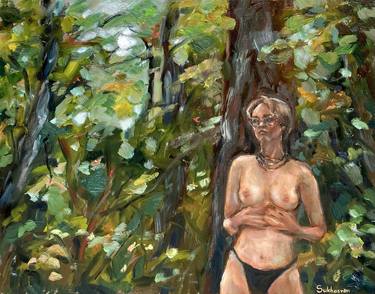 In the Woods. Original Oil painting on canvas panel 11x14 inches. Nude art. Figurative painting. thumb