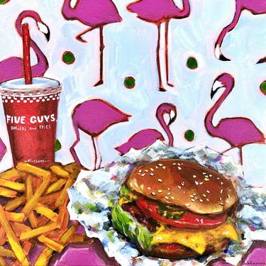 Still life with Five Guys Burger, French Fries and Pink Flamingos thumb